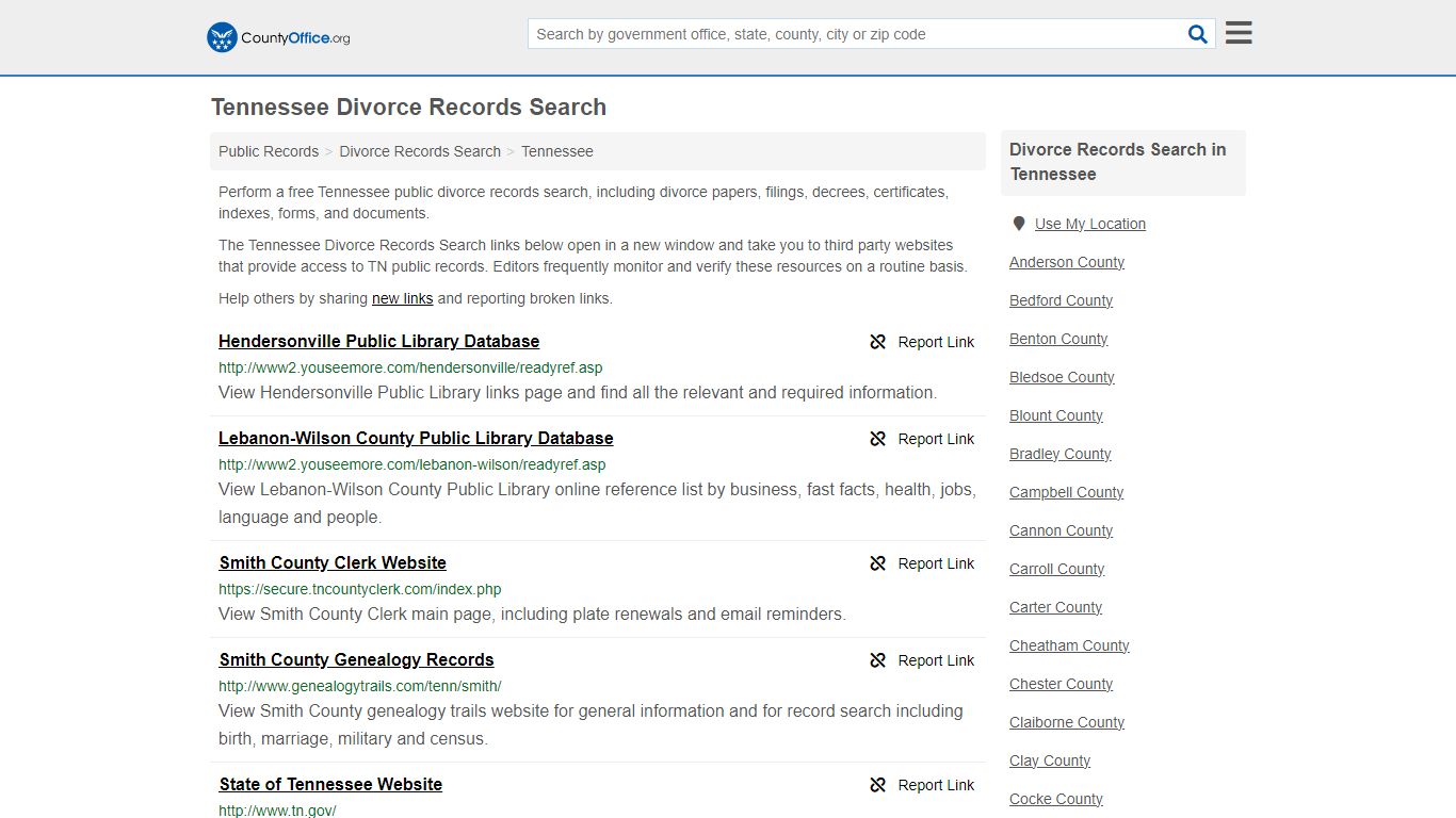 Tennessee Divorce Records Search - County Office