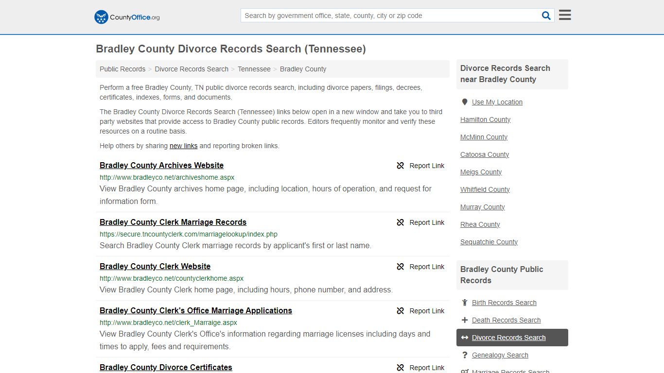 Bradley County Divorce Records Search (Tennessee) - County Office